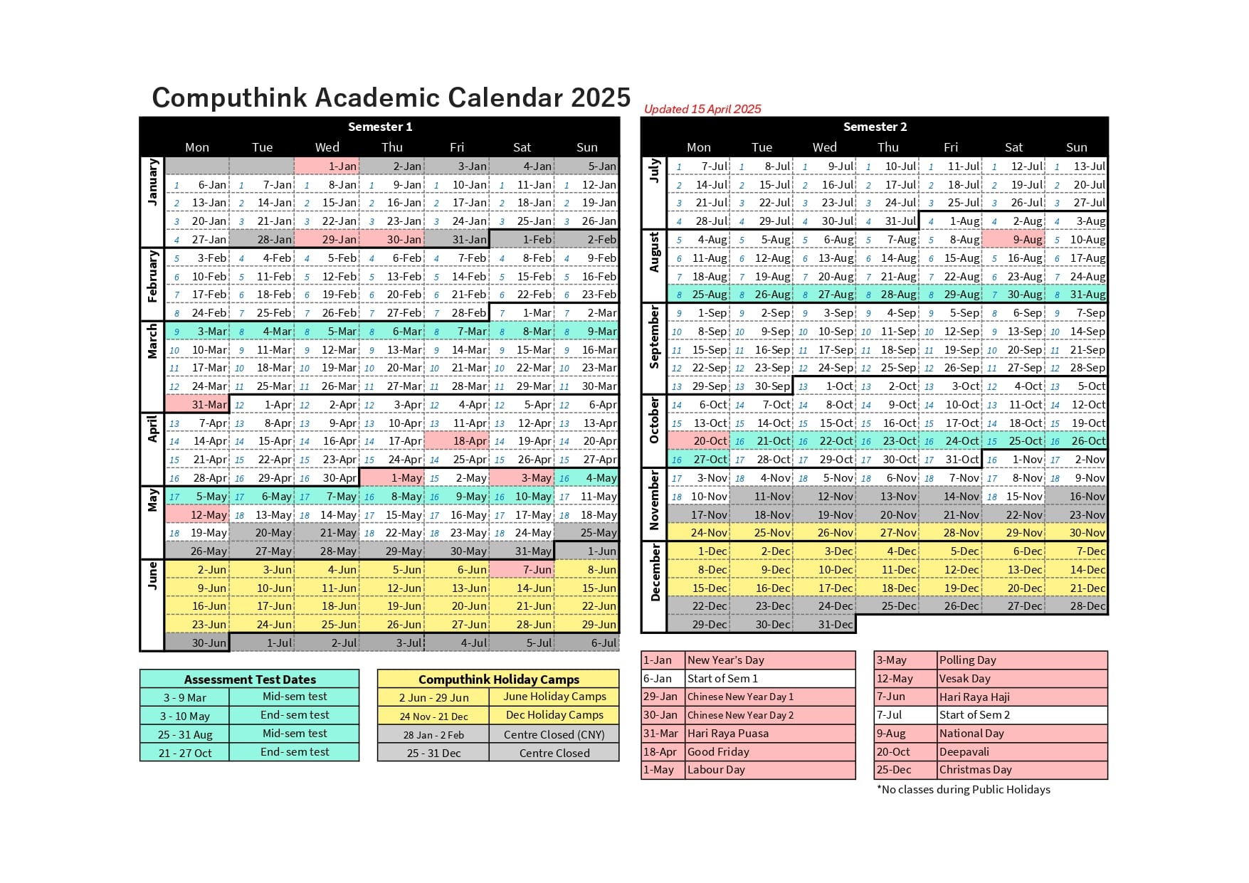 Regular Classes 2025 Calendar