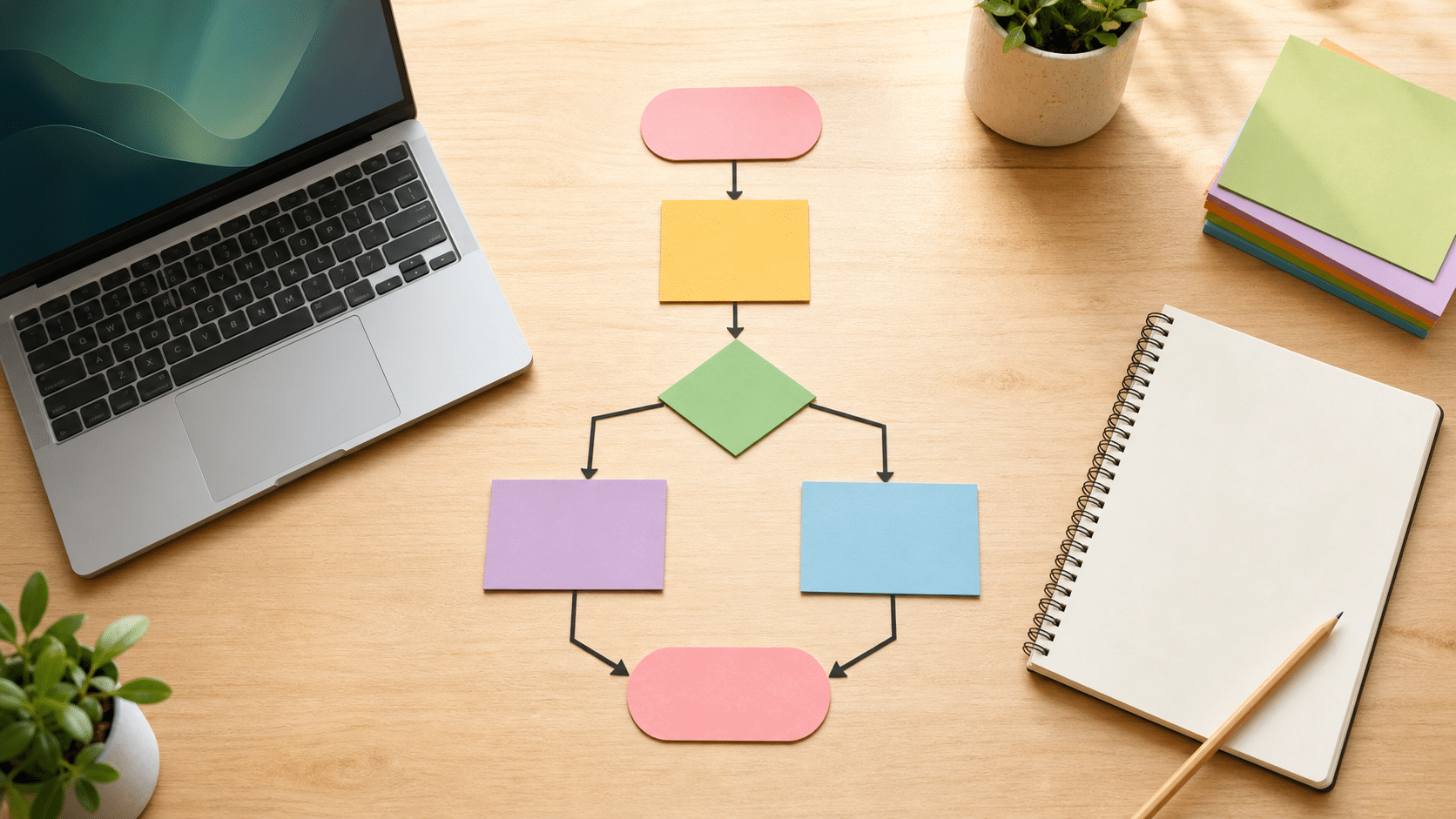 A blank flowchart of coloured cards and arrows sits beside a laptop and notebook on a study desk.